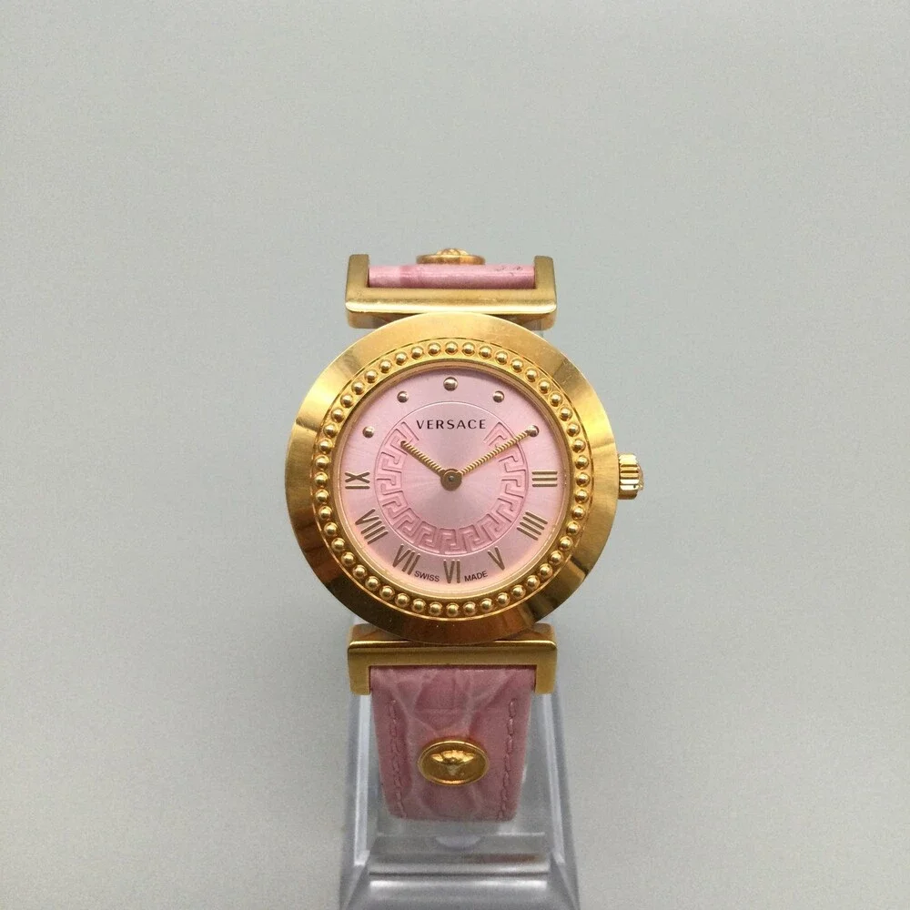 Versace Womens Watch 35mm Pink Dial Gold Tone Leather Swiss Medusa New Battery